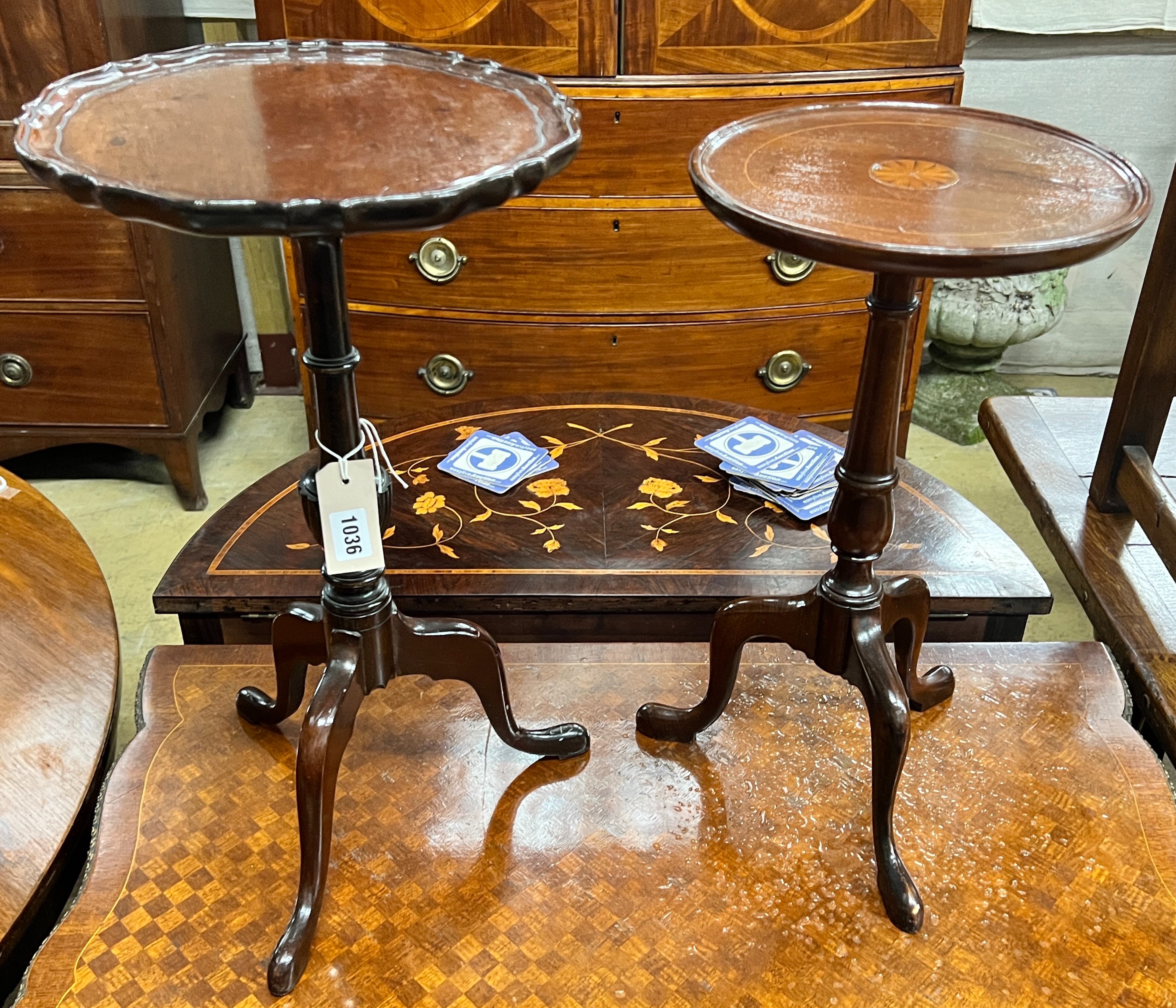 Two Edwardian mahogany tripod wine tables plus and Edwardian inlaid corner elbow chair, larger height 53cm